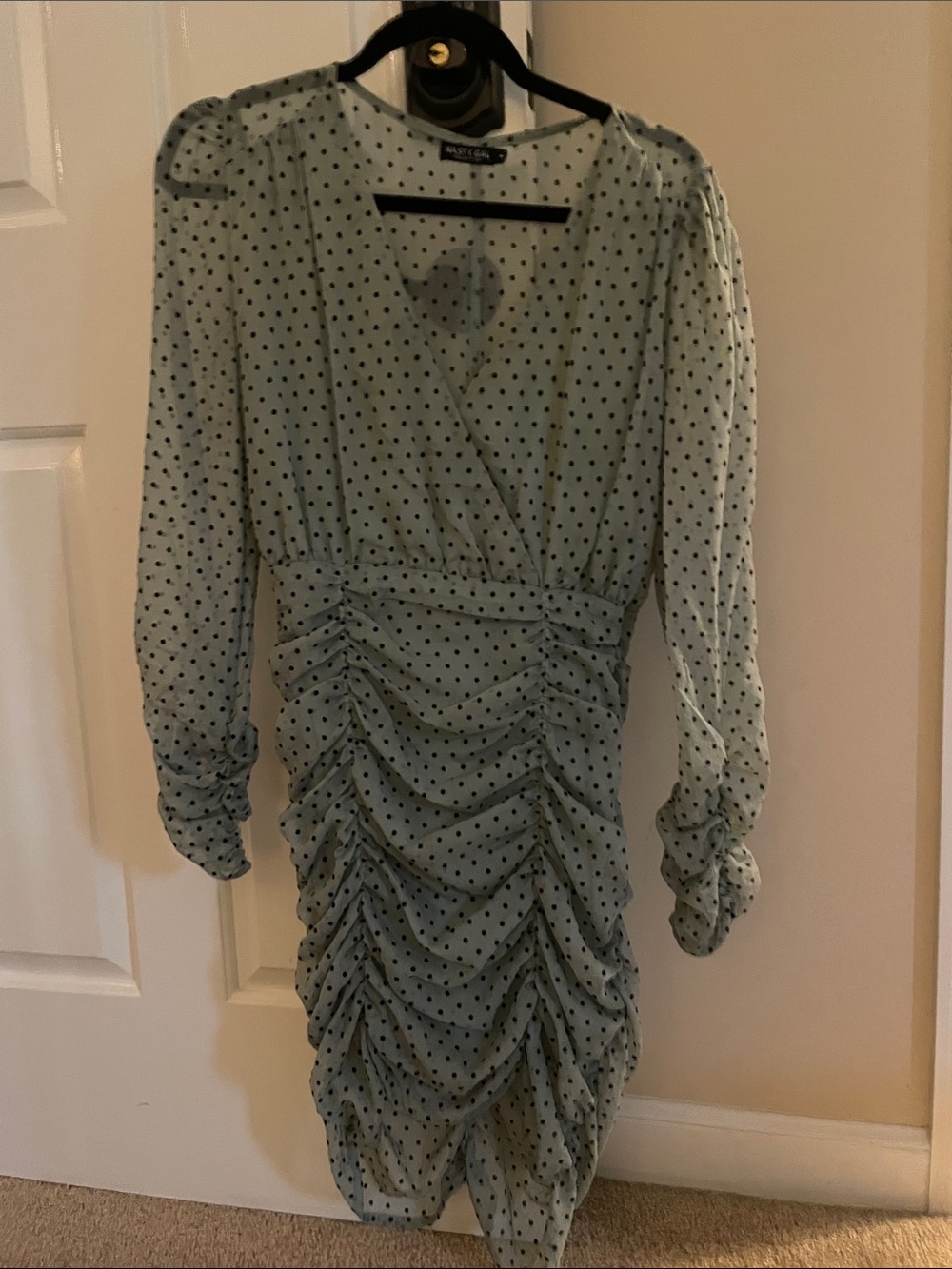 Nasty Gal Sage Green Polka Dot Ruched V-Neck Mini Dress